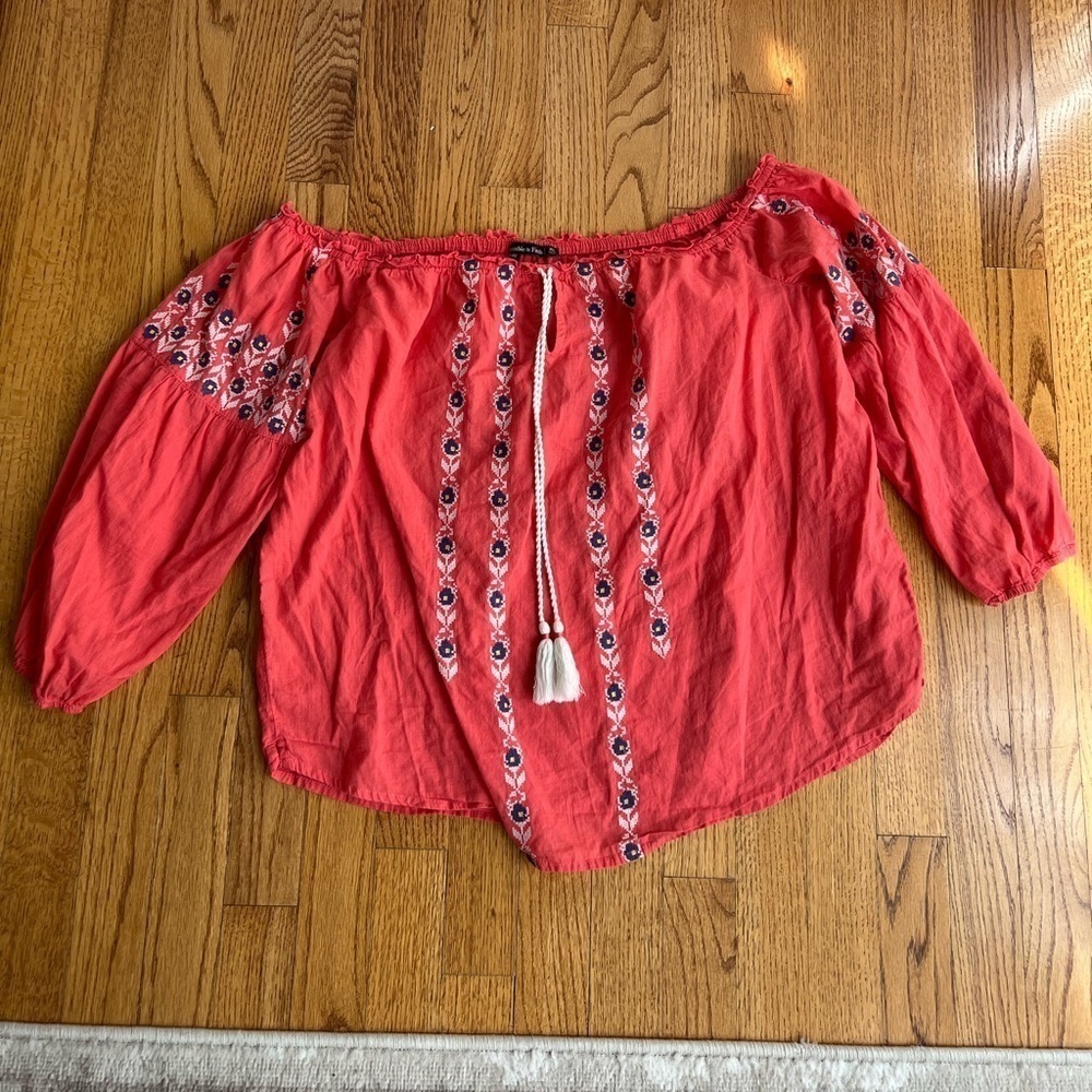 Abercrombie & Fitch Vintage Women Top Embroidered Peasant Hippie Boho Tassel XL - Picture 2 of 7